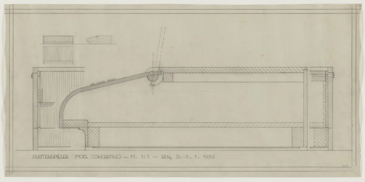 Design for Telefunken Record Player, Record-player, Concertino model. Elevations, plan, and section by Lilly Reich, mies van der rohe archive, 1939