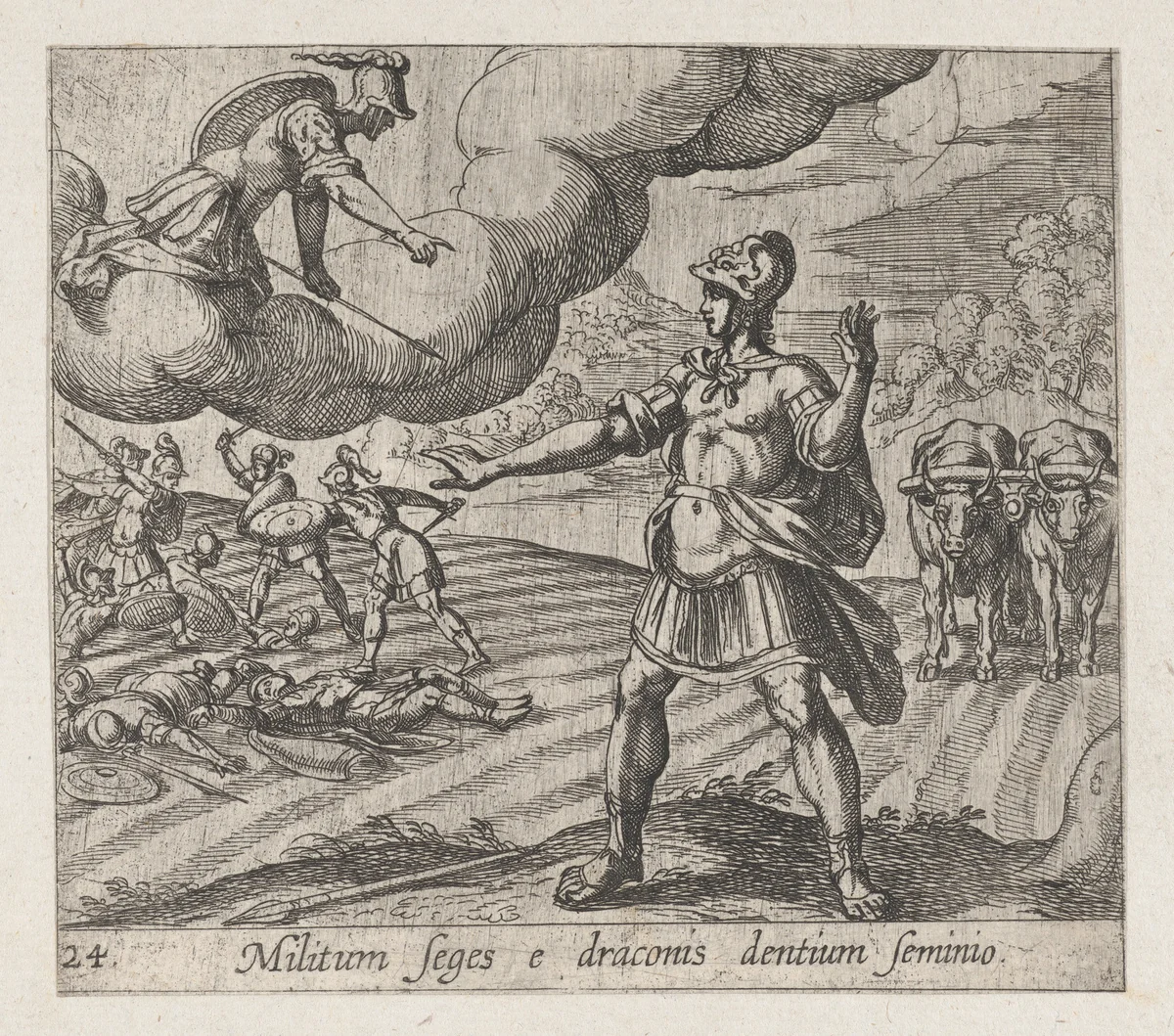 Plate 24: The Warring Men Born of the Serpent's Teeth (Militum Seges e draconis dentium seminio), from Ovid's 'Metamorphoses' by Antonio Tempesta, print, 1606