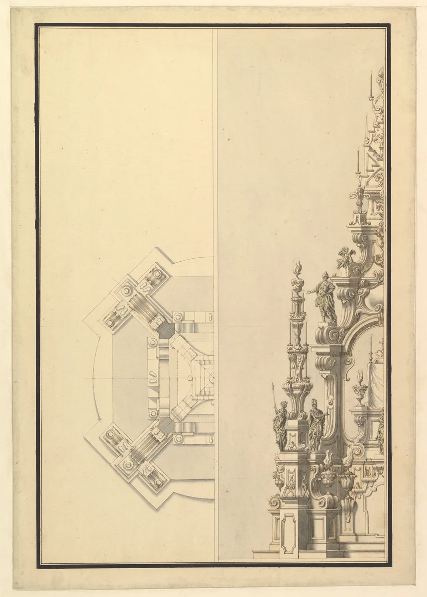 Half Plan and Half Elevation for a Catafalque with Royal Crown Surmounting the Casket by Giuseppe Galli Bibiena, drawing, 1696-1756