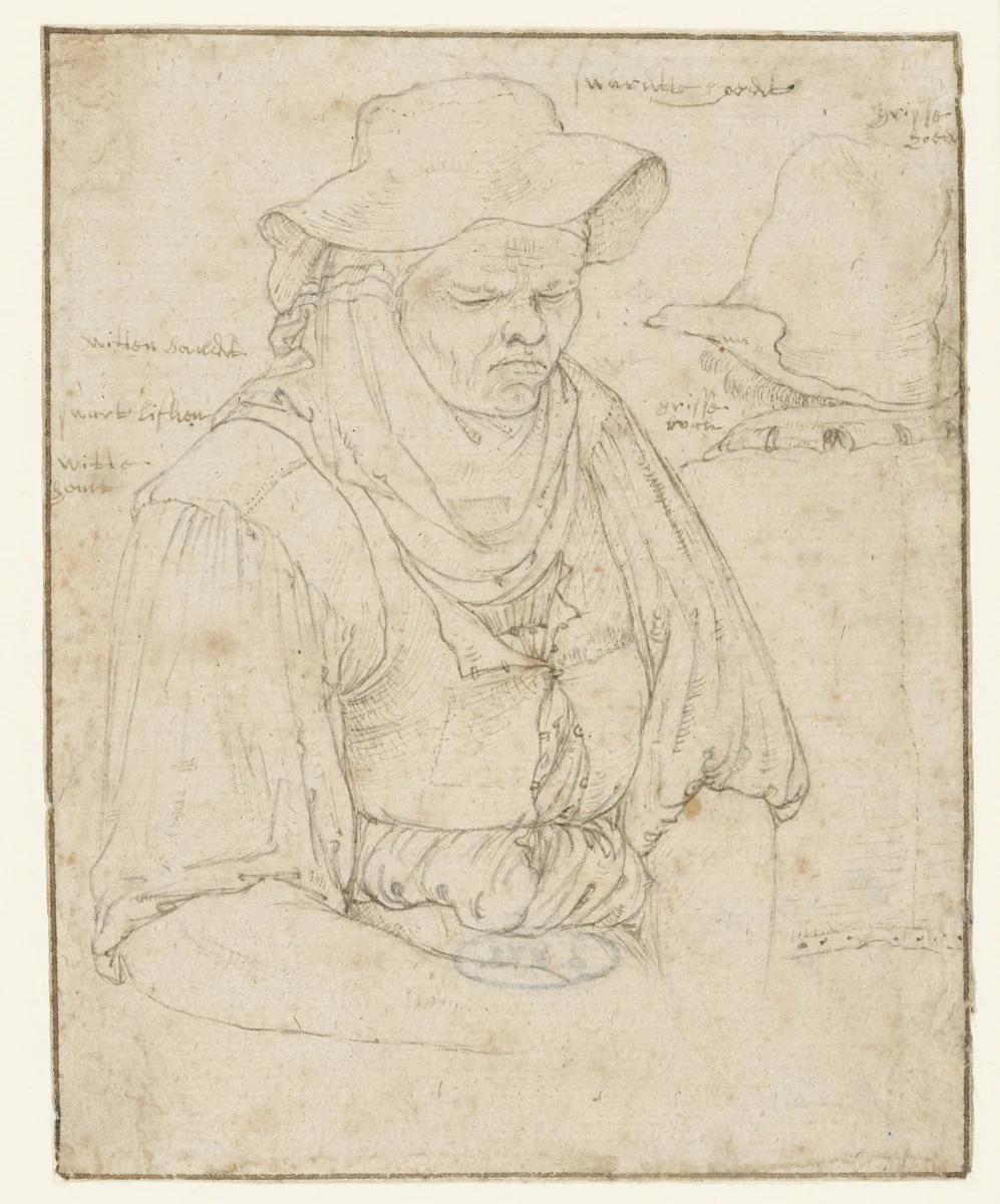 Oude vrouw en een man by Roelant Savery, drawing, 1603-1613
