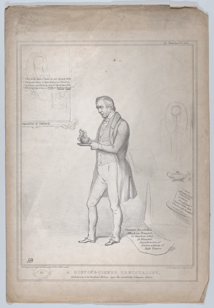 A Distinguished Teetotalist, Soliloquising a-la Cardinal Wolsey–upon the mutability of human affairs by John Doyle, print, 1839