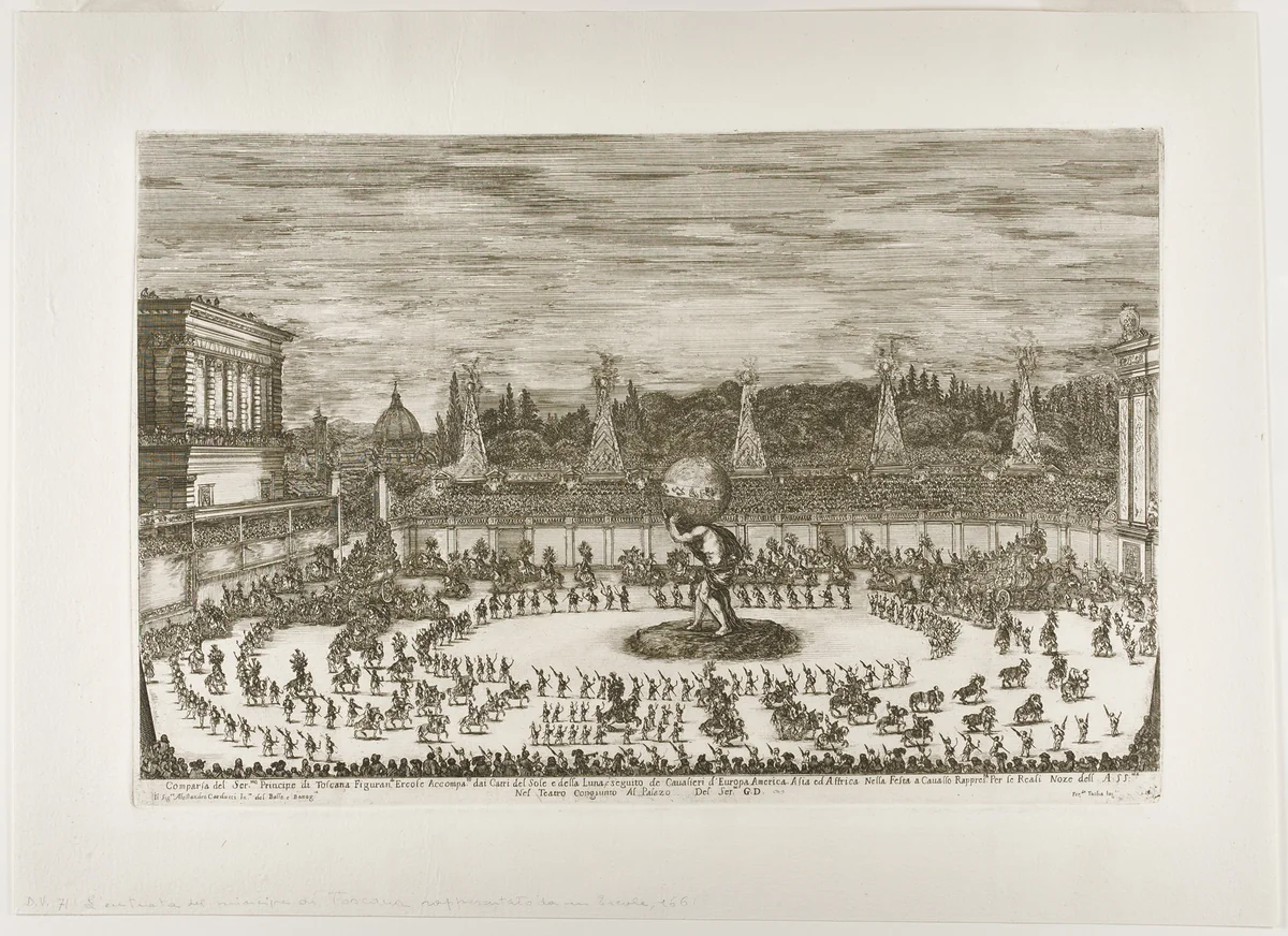 Equestrian Ballet in the Amphitheater of the Boboli Gardens by Stefano della Bella, print, 1661