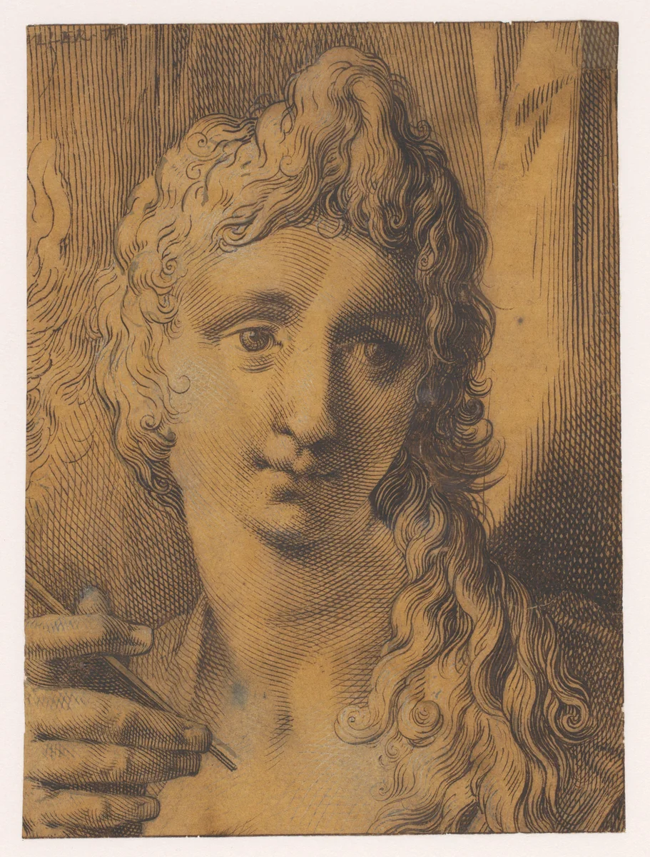 Kop van een jongeling of jonge vrouw die een burijn (?) in de hand houdt by Jan Harmensz. Muller, drawing, 1615-1625