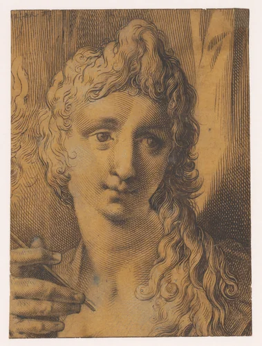 Kop van een jongeling of jonge vrouw die een burijn (?) in de hand houdt by Jan Harmensz. Muller, drawing, 1615-1625