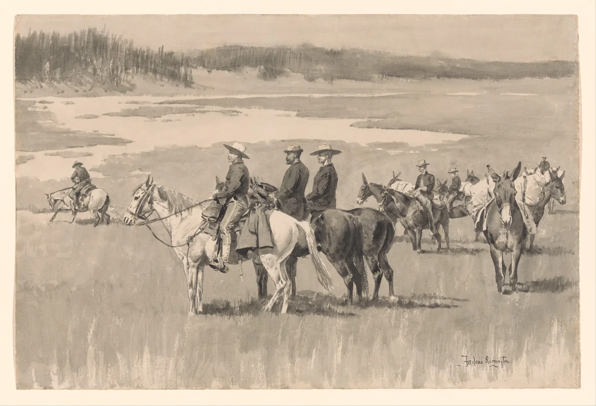 On the Head-Waters--Burgess Finding a Ford by Frederic Remington, artwork, 1890-1896