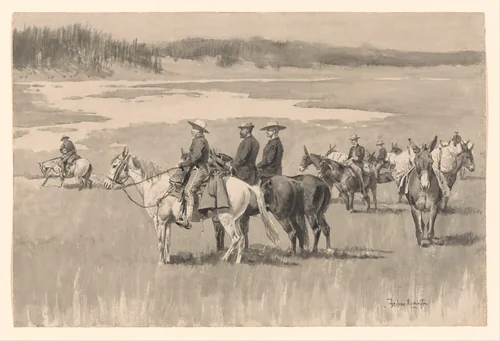 On the Head-Waters--Burgess Finding a Ford by Frederic Remington, artwork, 1890-1896