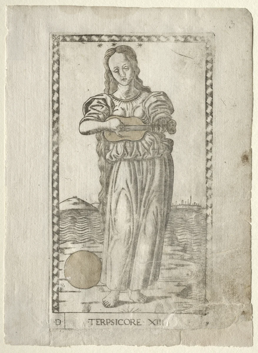 Terpsichore (dancing and song) (from the Tarocchi series D: Apollo and the Muses, #13) by Master of the E-Series Tarocchi, print, 1457-1467