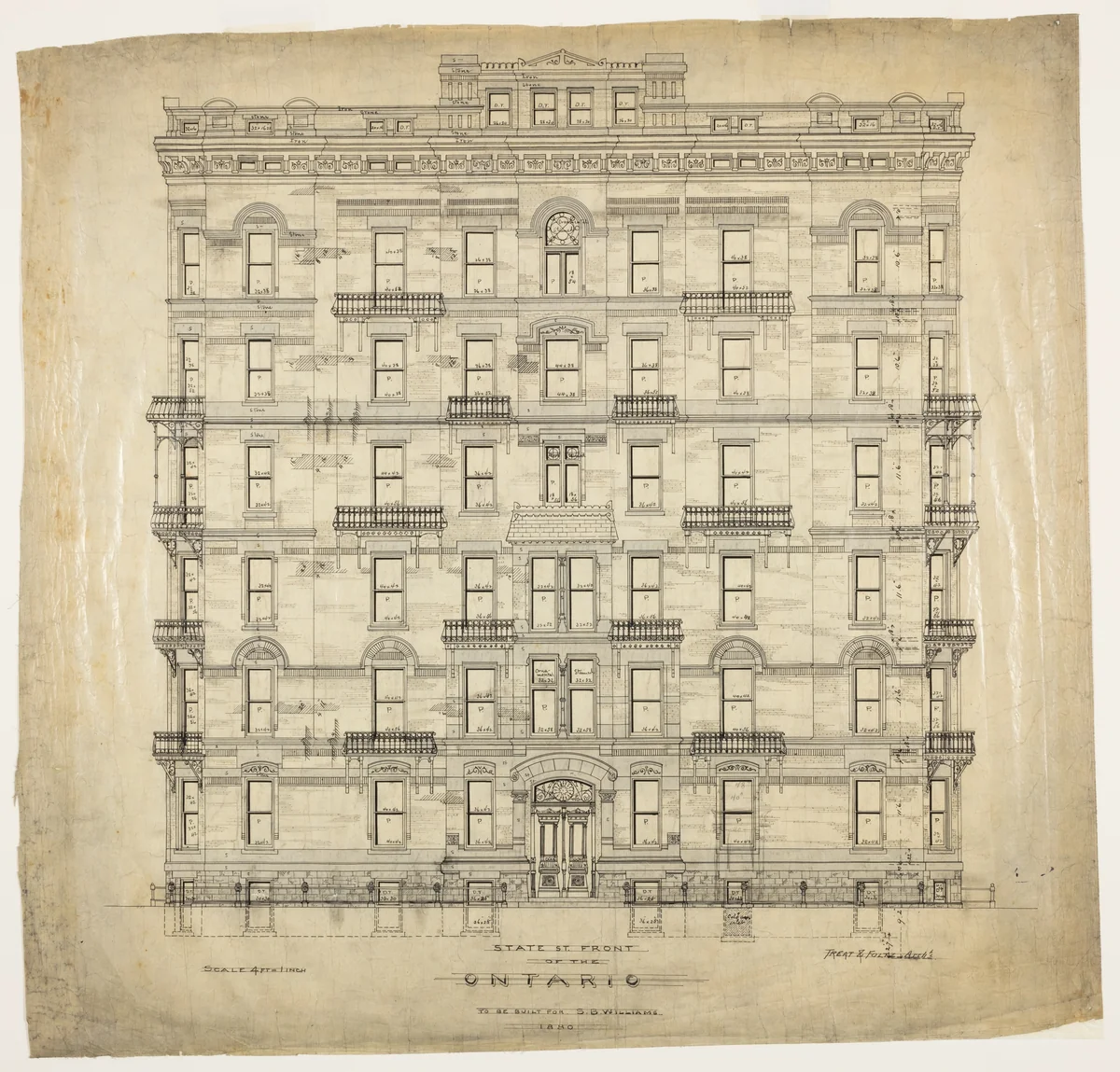 Ontario Apartments, Chicago, Illinois, Elevation by Treat & Foltz, drawing, 1880