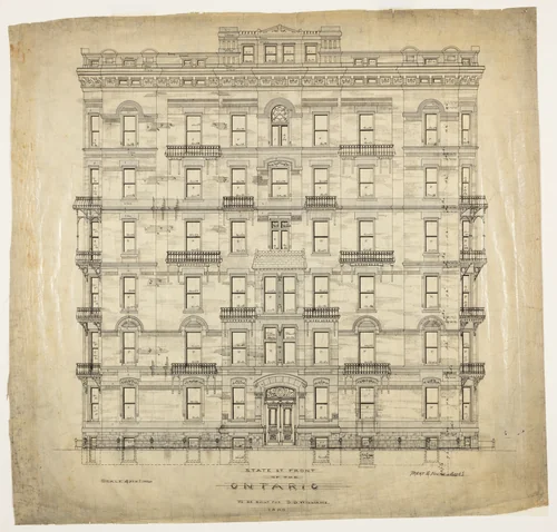 Ontario Apartments, Chicago, Illinois, Elevation by Treat & Foltz, drawing, 1880