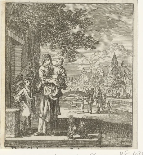 Moeder met kind op de stoep voor haar huis by Jan Luyken, print, 1712