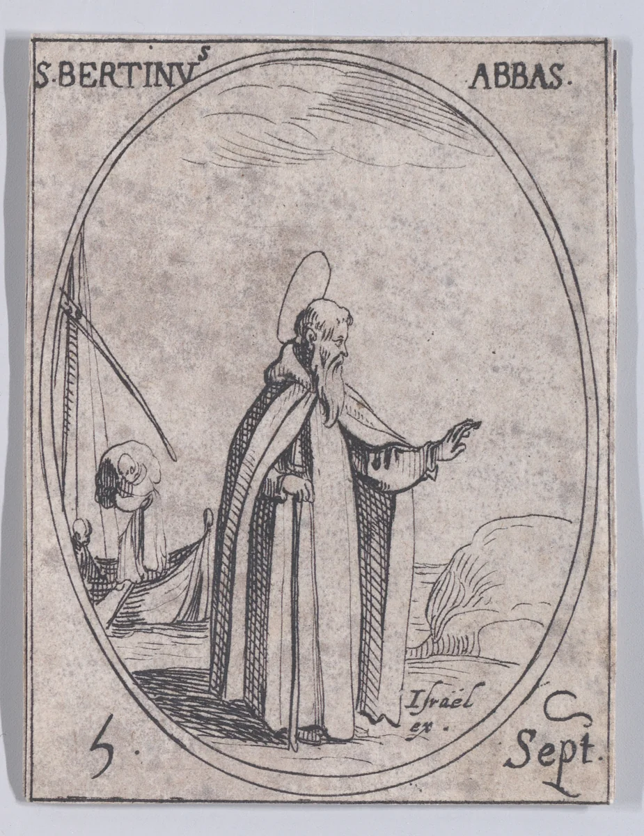 S. Bertin, abbé (St. Bertinus, Abbot), September 5th, from "Les Images De Tous Les Saincts et Saintes de L'Année" (Images of All of the Saints and Religious Events of the Year) by Jacques Callot, print, 1636