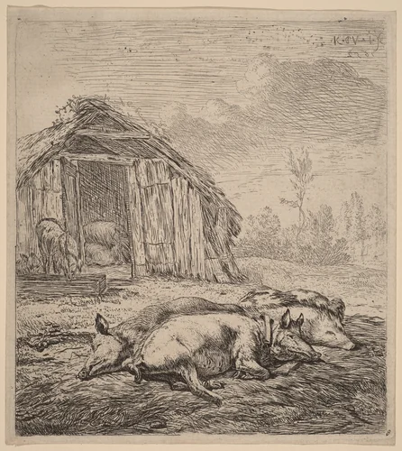Three Pigs by Karel Dujardin, print, 1652
