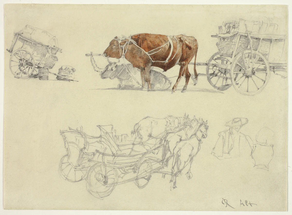 Studies of Slovakian Peasant Wagons with Oxen and Horses by Rudolf von Alt, drawing, 1832-1905