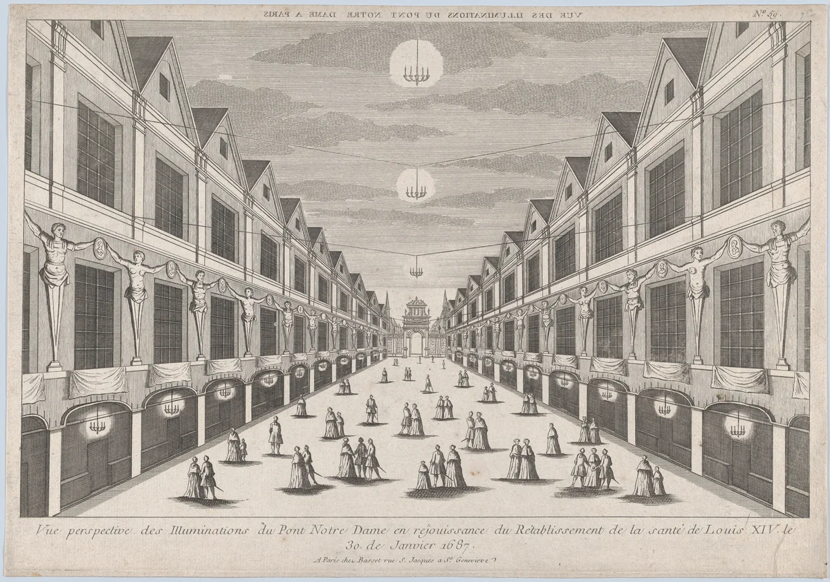 Perspective view of the Illuminations on the Pont Notre Dame, in celebration of the recovery of the health of Louis XIV, January 30, 1687 by anonymous, print, 1750