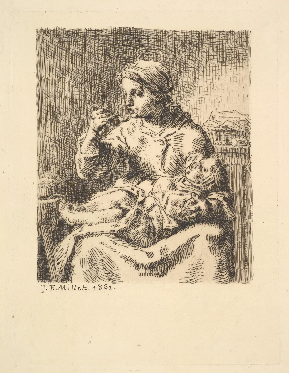 Cooling the Porridge by Jean-François Millet, print, 1861