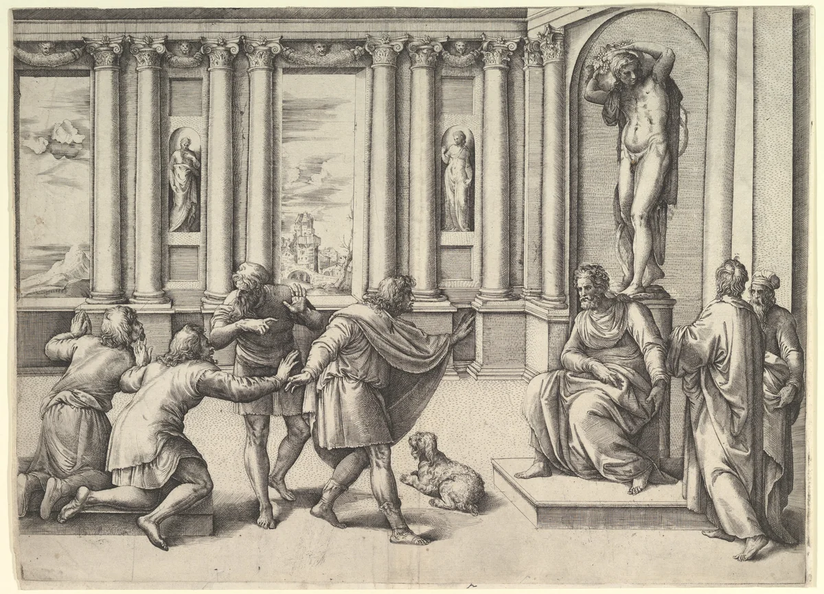 Man Seated Beneath a Statue of Bacchus, Receiving an Audience by Battista Franco, print, 1525-1566