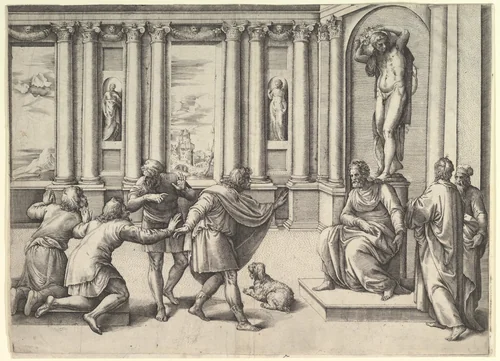 Man Seated Beneath a Statue of Bacchus, Receiving an Audience by Battista Franco, print, 1525-1566