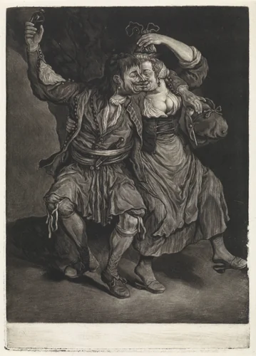 Dansend paar, 1695 by Cornelis Dusart, print, 1695