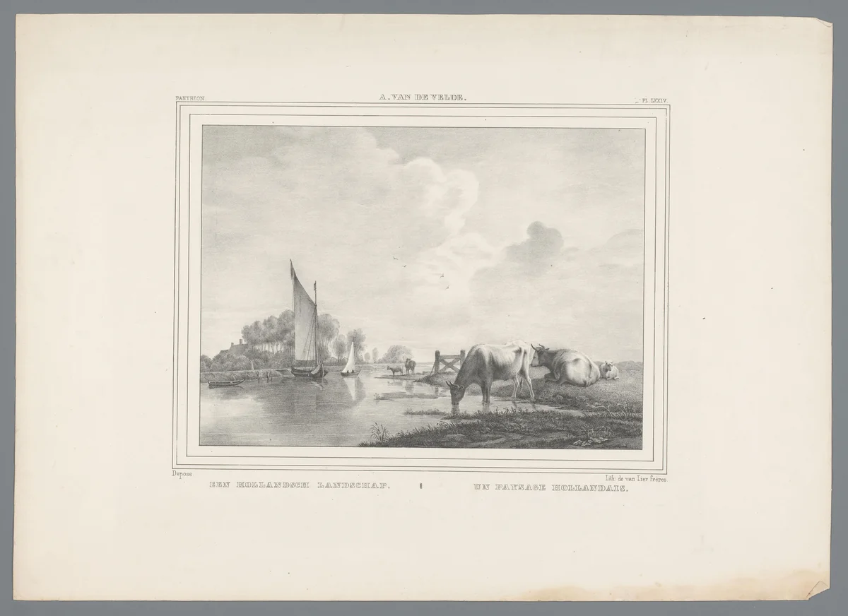 Landschap met koeien aan het water by anonymous, print, 1825-1875