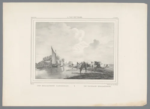 Landschap met koeien aan het water by anonymous, print, 1825-1875