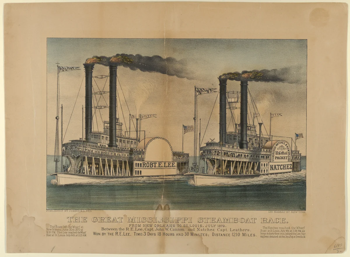 The Great Mississippi Steamboat Race–From New Orleans to St. Louis, July 1870–Between the R.E. Lee, Captain John W. Cannon and Natchez Captain Leathers–Won by the R.E. Lee, Time: 3 Days 18 Hours and 30 Minutes; Distance 1210 Miles. by Currier & Ives, print, 1868-1878