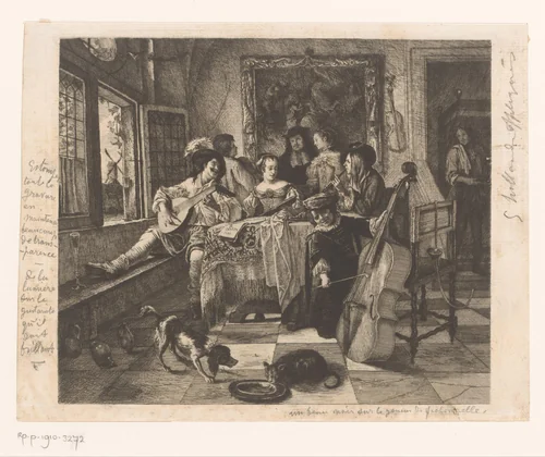 Huiskamerconcert met drie muzikanten en een zangeres by Léopold Flameng, print, 1873