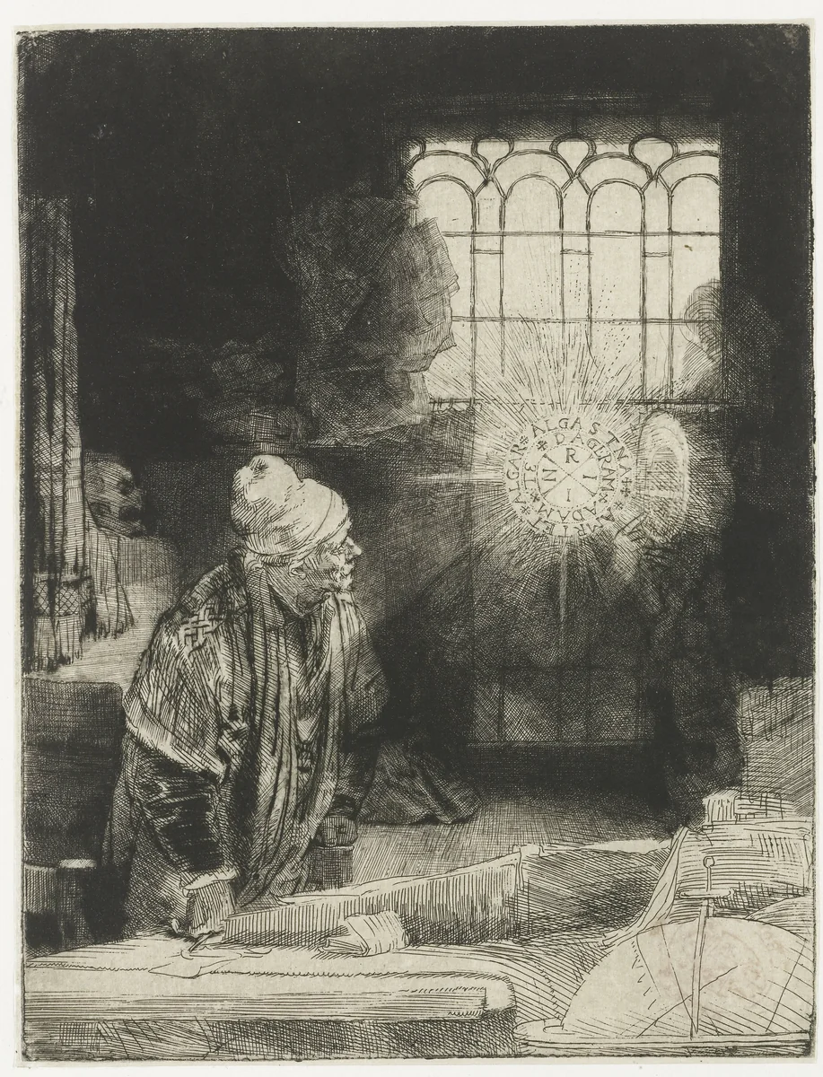 A scholar in his study by Rembrandt van Rijn, print, 1652