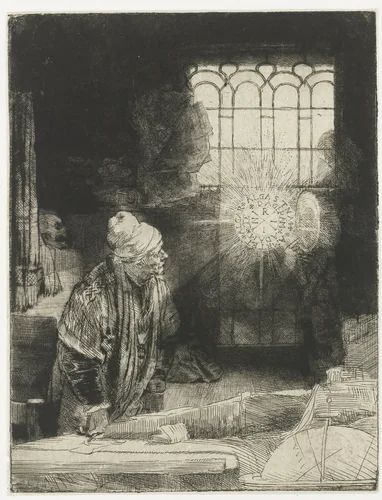 A scholar in his study by Rembrandt van Rijn, print, 1652