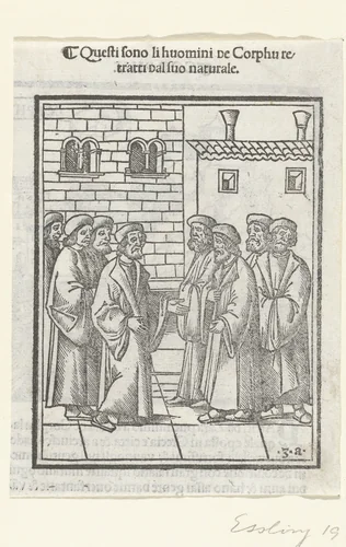 Inwoners van Corfu in gesprek op plein by Giovanni Andrea Vavassore, print, 1510-1524