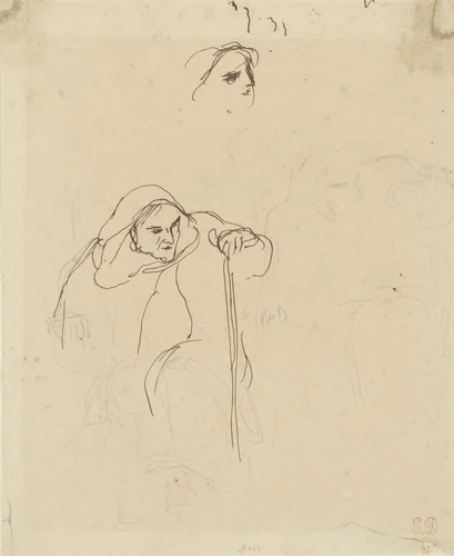 Studies van een oude, op een stok leunende vrouw by Eugène Delacroix, drawing, 1808-1863