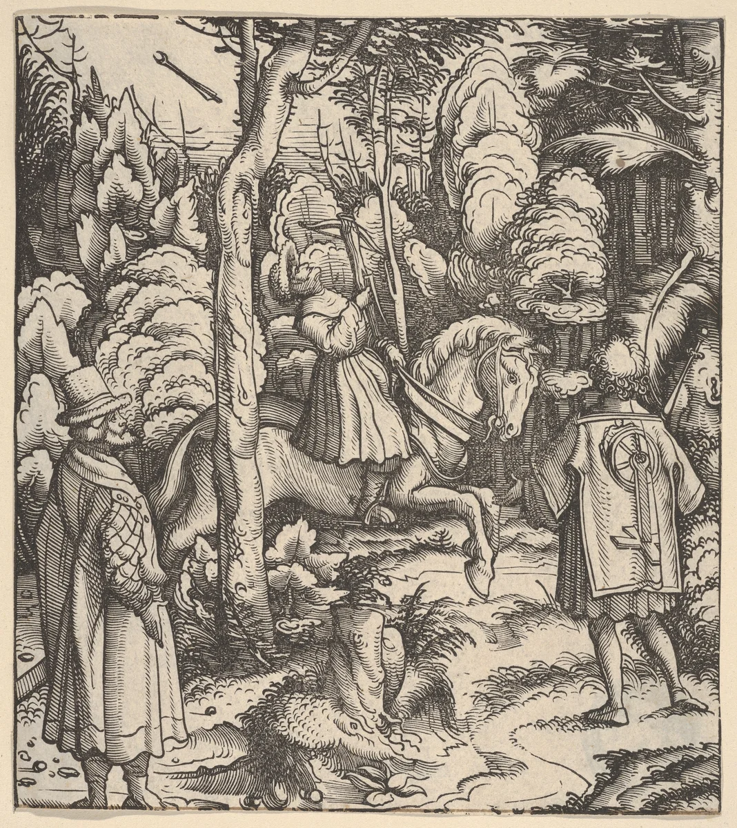 Theuerdarnk Nearly Shoots Himself with a Crossbow, from [Theuerdank] Die geuerlicheiten vnd einsteils der geschichten des loblichen streytparen vnd hochberümbten helds vnd Ritters herr Tewrdannckhs by Hans Burgkmair, print, 1517-1526