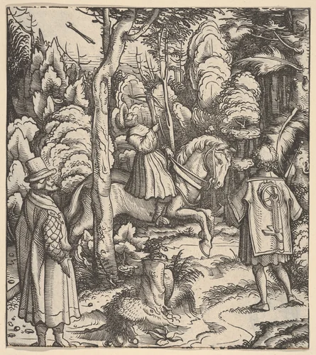 Theuerdarnk Nearly Shoots Himself with a Crossbow, from [Theuerdank] Die geuerlicheiten vnd einsteils der geschichten des loblichen streytparen vnd hochberümbten helds vnd Ritters herr Tewrdannckhs by Hans Burgkmair, print, 1517-1526