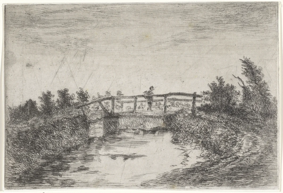 Landschap met brug by Arnoud Schaepkens, print, 1831-1904