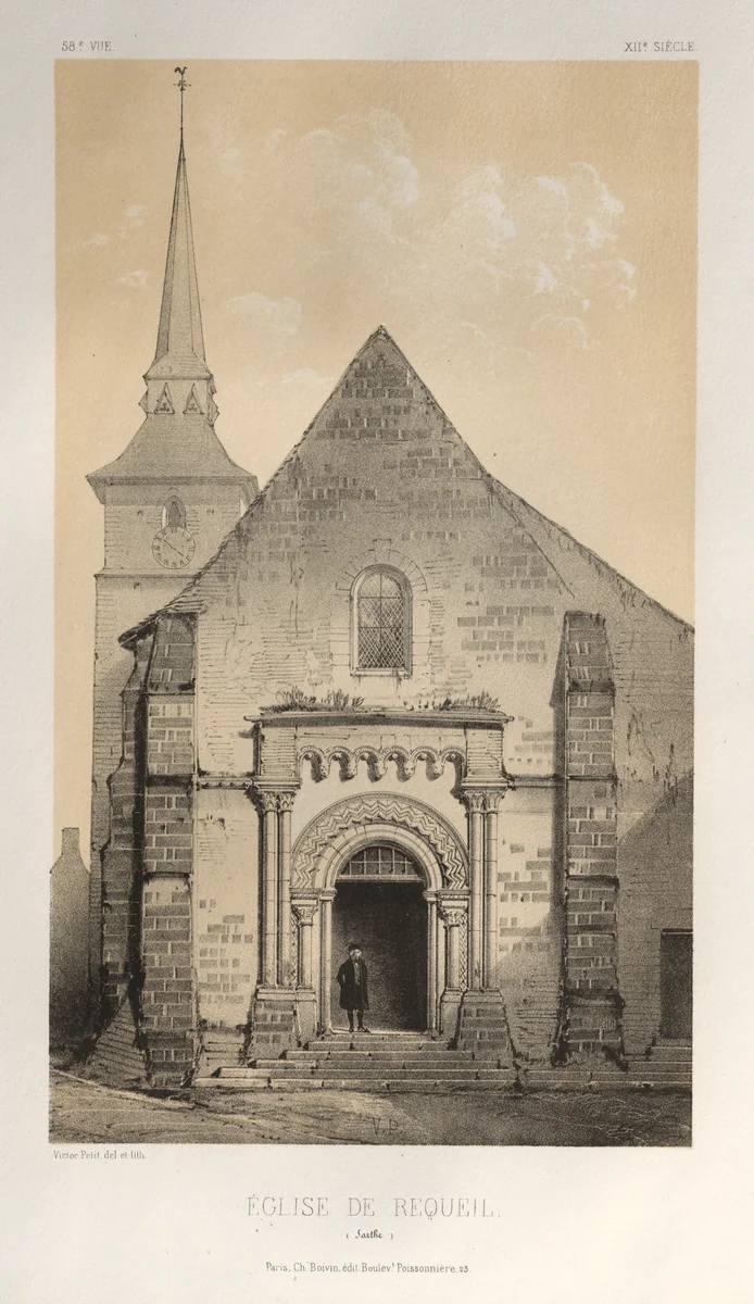Architecture Pittoresque ou Monuments des XVeme. Et XVIeme. Siecles: Chateaux de France des XV et XVI Siecles: Pl. 58, Église De Requeil (Sarthe) by Victor Petit, print, 1860