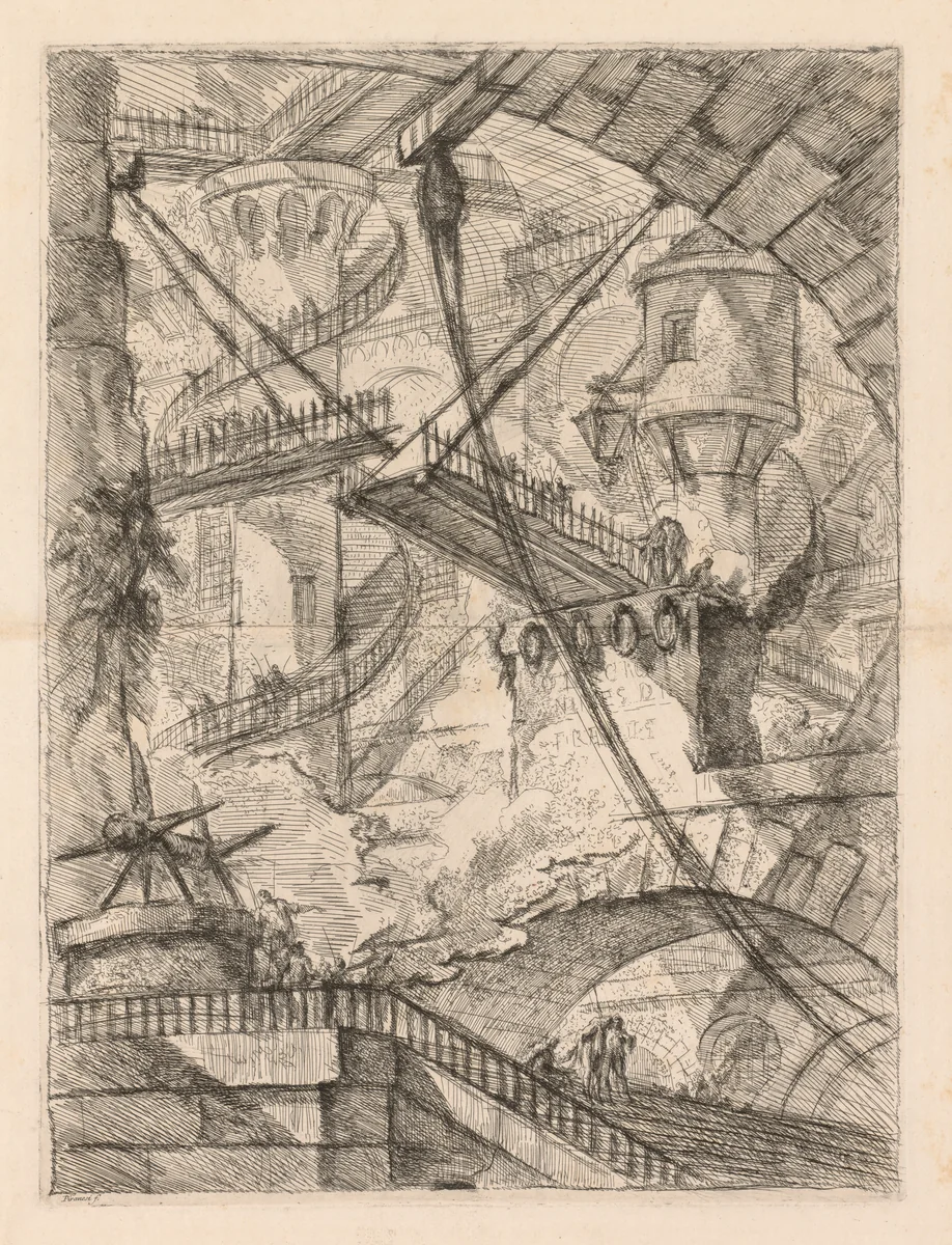 The Prisons: An Immense Interior with a Drawbridge by Giovanni Battista Piranesi, print, 1745-1750