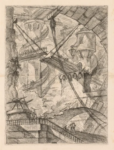 The Prisons: An Immense Interior with a Drawbridge by Giovanni Battista Piranesi, print, 1745-1750