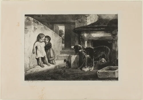Children Frightened by a Dog by Alexandre-Gabriel Decamps, print, 1829