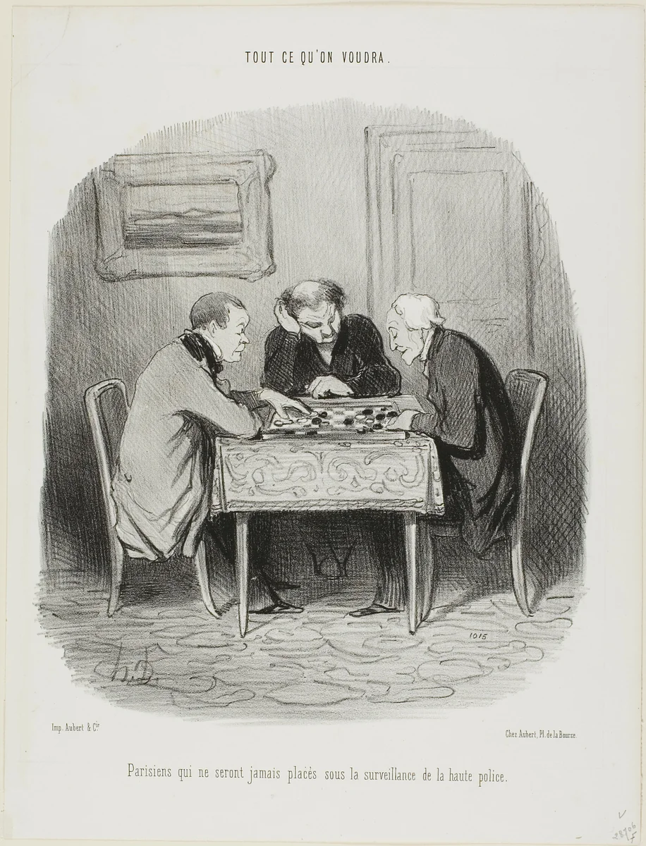 Parisians who will never be placed under surveillance of the secret police, plate 12 from Tout Ce Qu'on Voudra by Honoré-Victorin Daumier, print, 1847