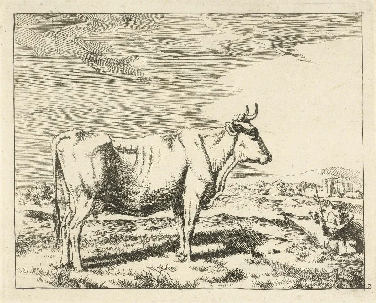 Staande koe, naar rechts by Marcus de Bye, print, 1657-1677