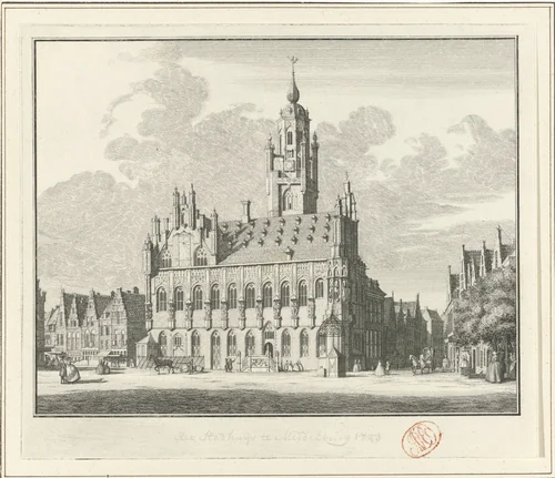Gezicht op het stadhuis van Middelburg, 1743 by Jan Caspar Philips, print, 1743-1746