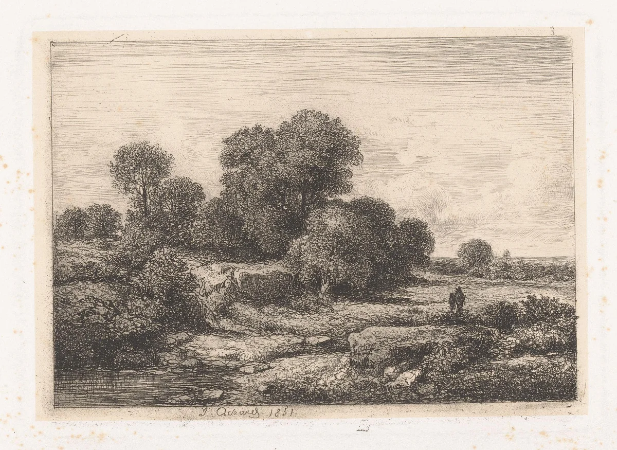 Figuren bij een rivierbedding met bomen by Jean Alexis Achard, print, 1851