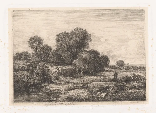 Figuren bij een rivierbedding met bomen by Jean Alexis Achard, print, 1851