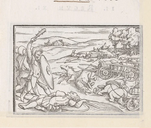 Leger van David schakelt de strijdwagens en het voetvolk van koning Hadadezer uit by Hans Holbein, print, 1538