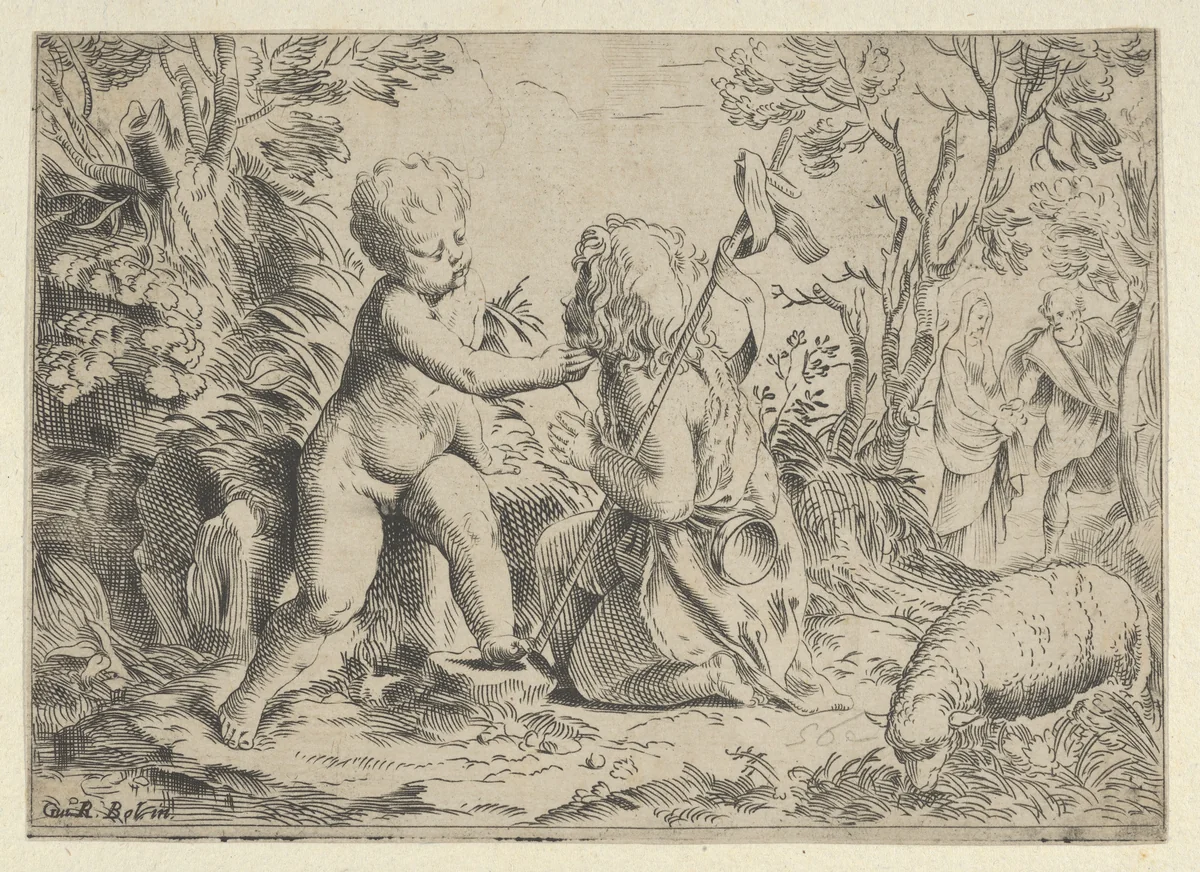 Young Saint John the Baptist kneeling before the infant Christ who caresses his face, the Virgin and Joseph in the background at right, after Reni by anonymous, print, 1595-1645