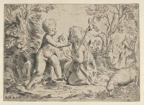 Young Saint John the Baptist kneeling before the infant Christ who caresses his face, the Virgin and Joseph in the background at right, after Reni by anonymous, print, 1595-1645
