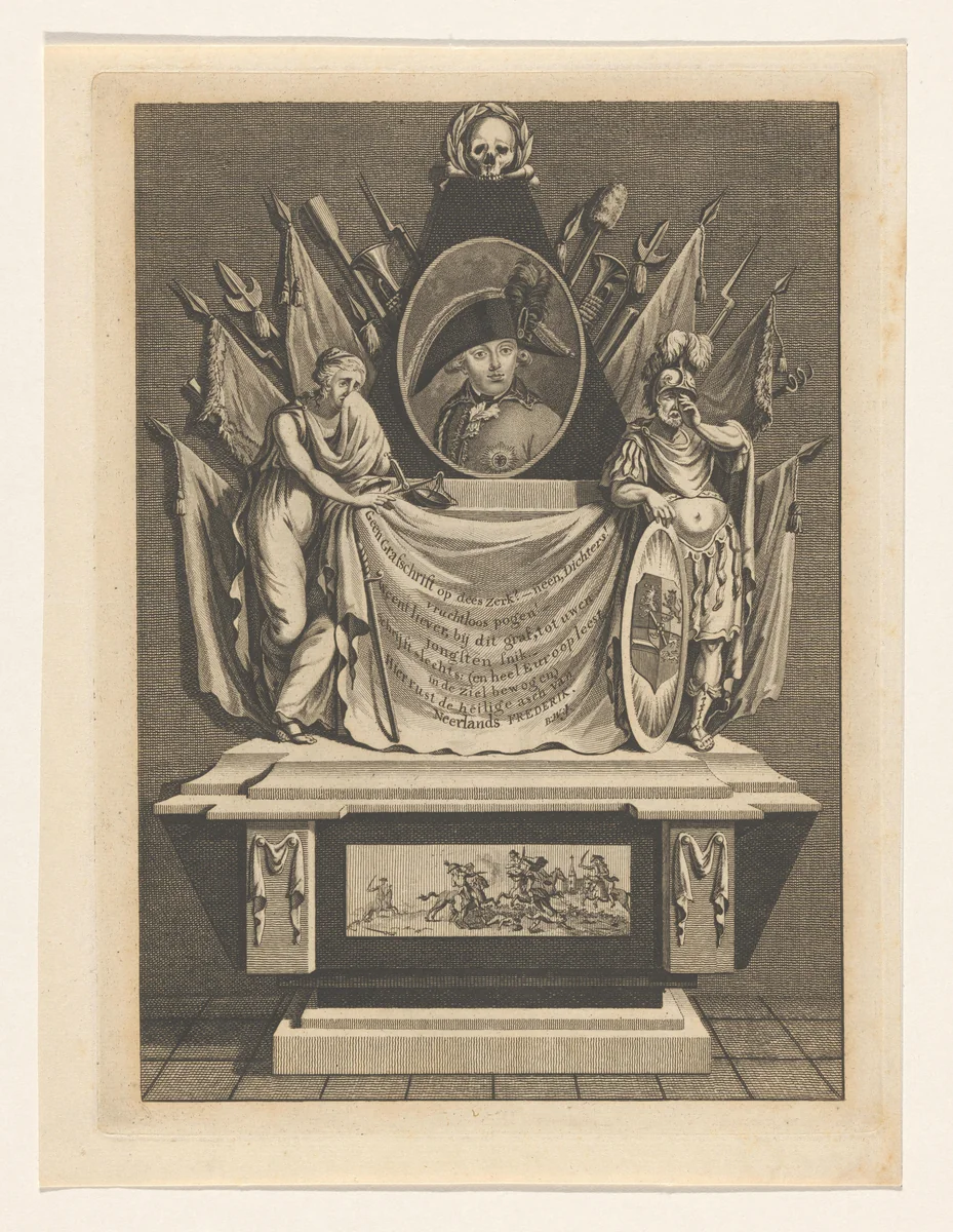 Allegorisch grafmonument voor prins Frederik by anonymous, print, 1799