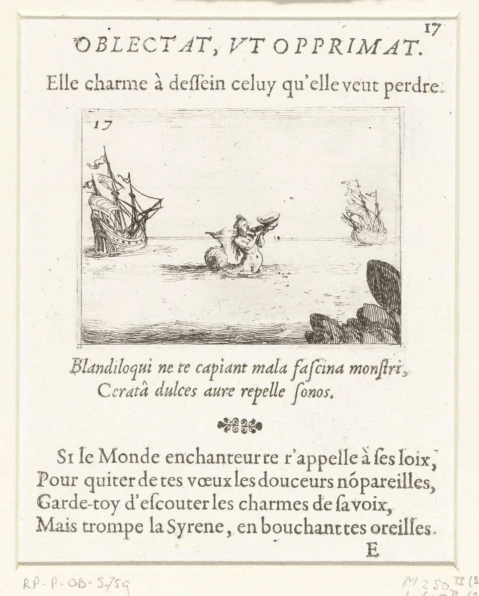 Sirene tussen twee schepen by Jacques Callot, print, 1621-1635
