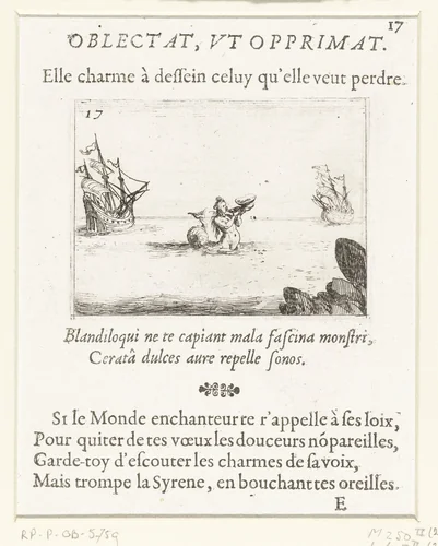 Sirene tussen twee schepen by Jacques Callot, print, 1621-1635