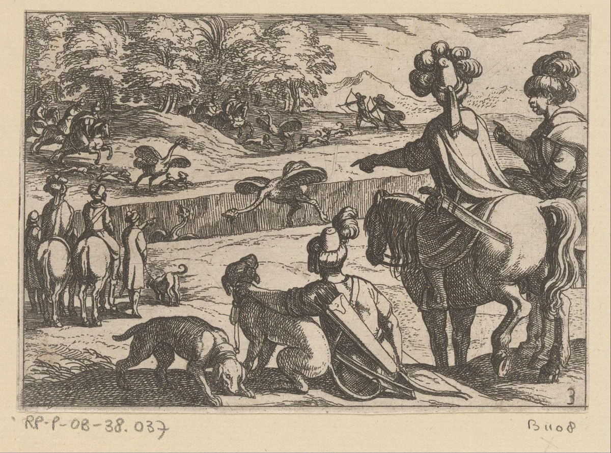 Jacht op struisvogels by Antonio Tempesta, print, 1598