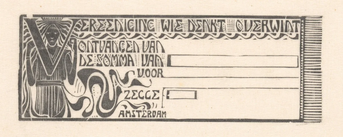 Kwitantie van Wie denkt overwint by Karel Petrus Cornelis de Bazel, other, 1894